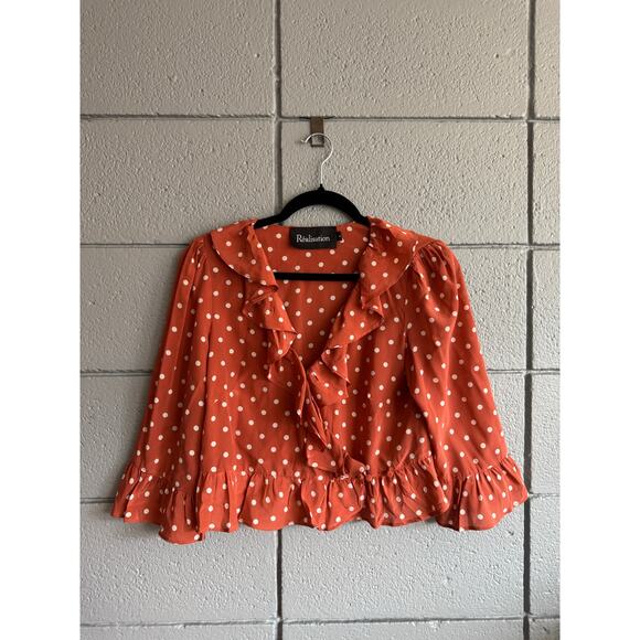 Women’s Realisation Par Cher 100% Silk Polka Dot Print V-Neck Crop Top - Picture 2 of 5